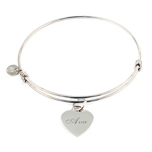 "Alluring" Sterling Silver Bangle with Heart Charm Things Engraved